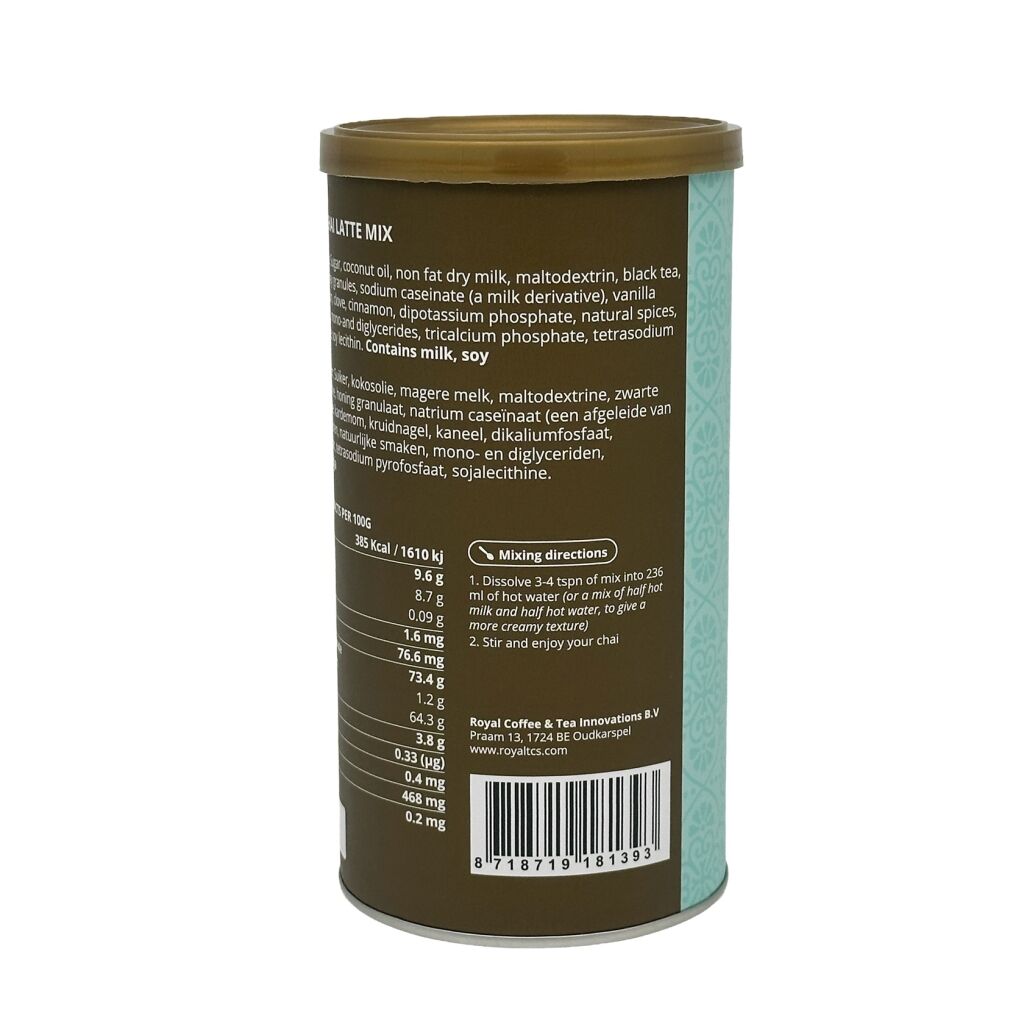 Gebruiksaanwijzing van een potje van 340 gram met chai tea latte mix in de smaak vanilla