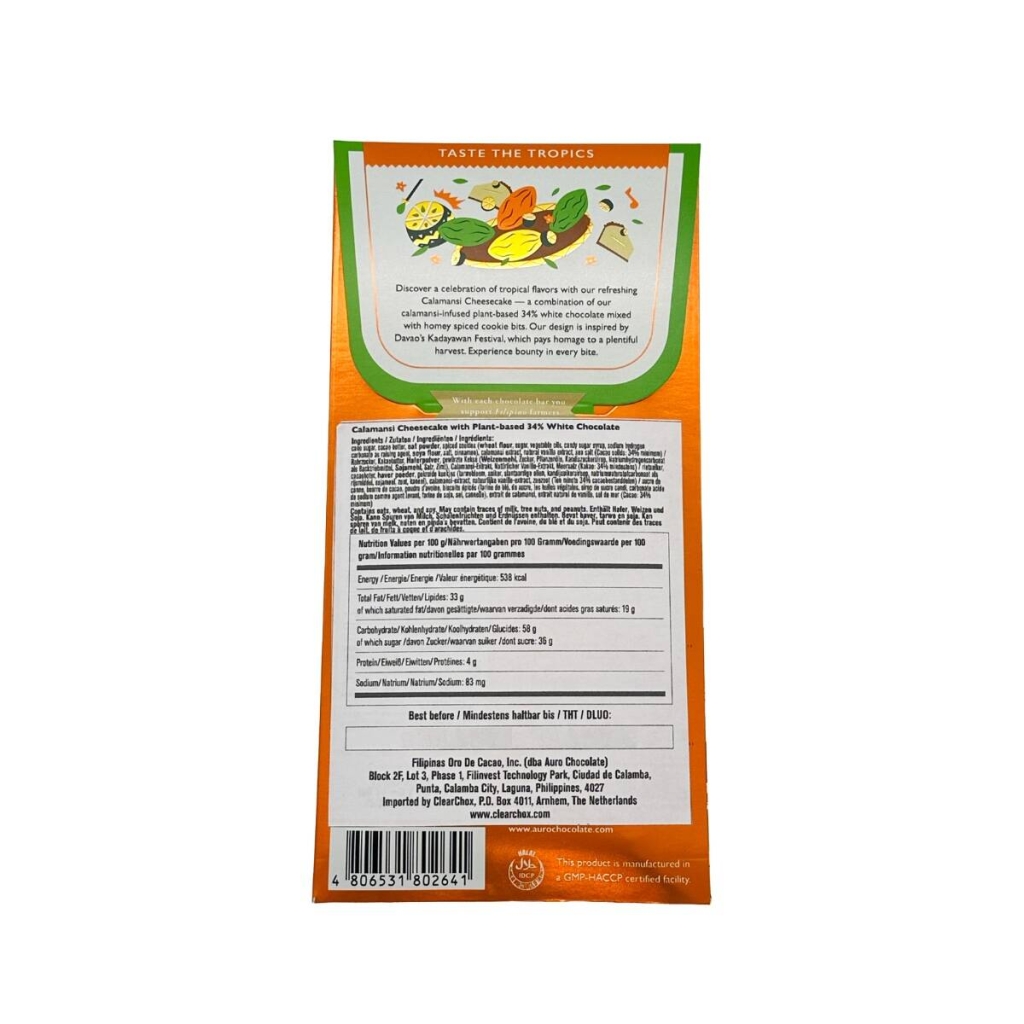 Tył opakowania tabliczki czekolady o smaku sernika z calamansi marki Auro