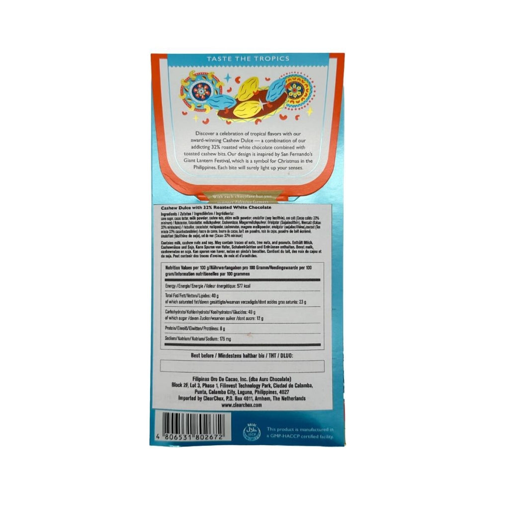 Tył opakowania tabliczki czekolady o smaku cashew dulce marki Auro