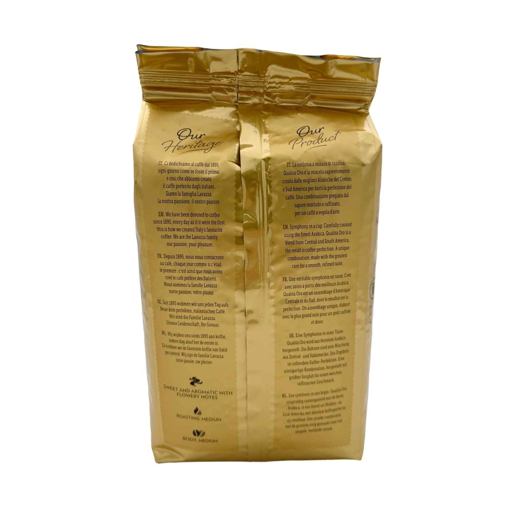 Achterzijde van een zak Lavazza Qualità Oro Koffiebonen van 1 kilo