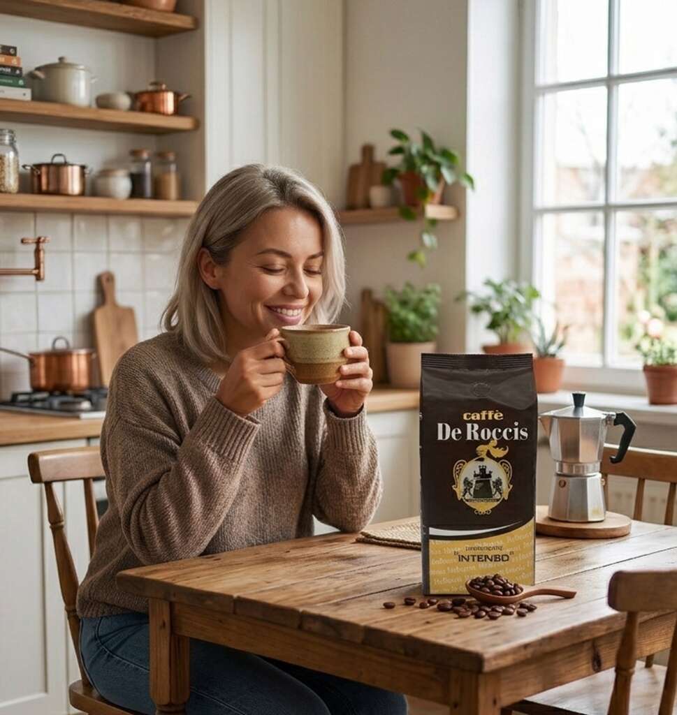 Persoon is blij met drinken van een kilo zak De Roccis Qualità Oro Intenso
